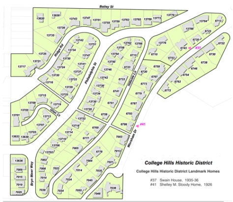 Map of Whittier’s College Hills Historic District that includes homes nearby Whittier College along the south side of Bailey St., on Ridge Rd, Philadelphia St., Bryn Mawr Way, Hillside Lane and Worsham Dr.